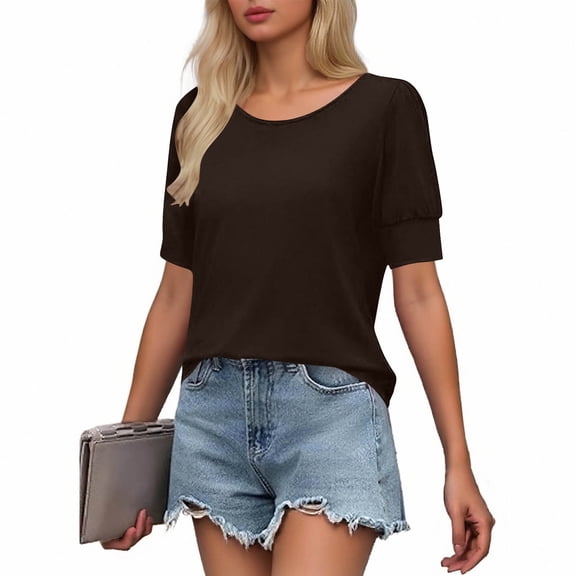 SwiftWear Women's Puff Sleeve T-Shirt Crew Neck Loose Fit Short Sleeve Top Casual Blouse Summer Basic Tee​ Coffee