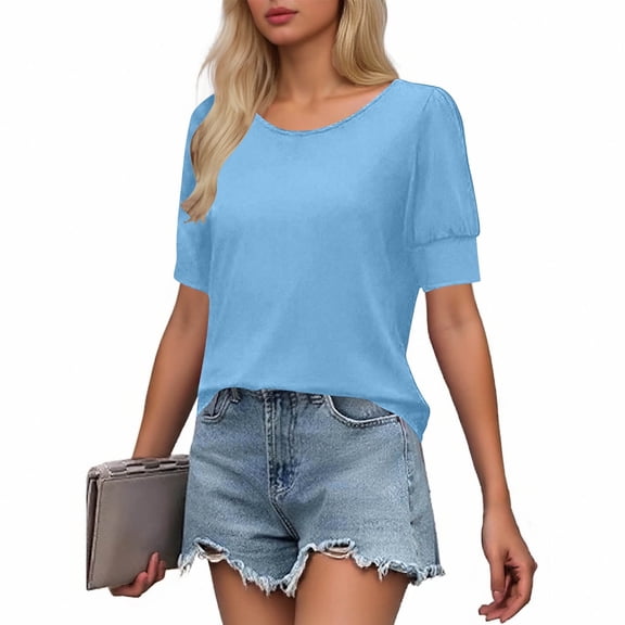 SwiftWear Women's Puff Sleeve T-Shirt Crew Neck Loose Fit Short Sleeve Top Casual Blouse Summer Basic Tee​ Light Blue