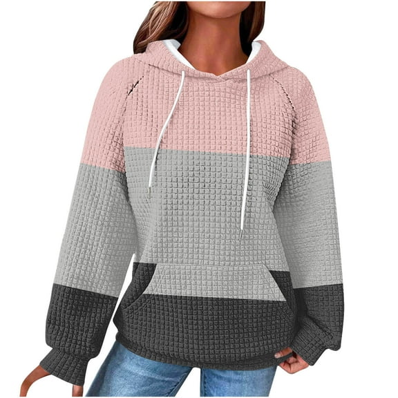 SwiftWear Women's Raglan Sleeve Waffle Knit Hoodie Breathable Textured Pullover Tops with Front Pocket, Lightweight Comfort Fit Casual Sweatshirt Pink