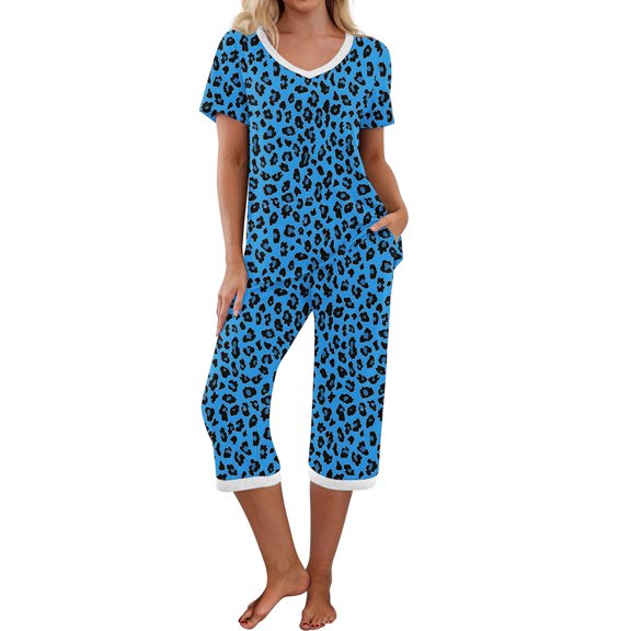 SwiftWear Women's Relaxed 2 Piece Summer Cheetah Print Pajamas Set V-neck Top with Vibrant Prints, Elastic Waist Capris (Functional Pockets) Sleepwear & Loungewear
