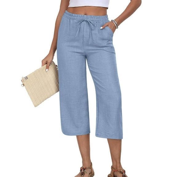 SwiftWear Women's Relaxed Fit Capri Pants with Pockets - Cotton Linen Blend Drawstring Waist Straight-Leg Capris, Casual Comfort S-3XL