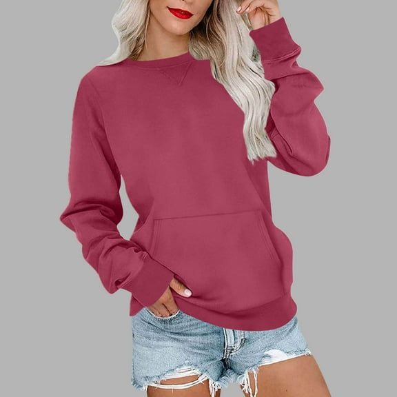 SwiftWear Women's Relaxed Fit Crewneck Sweatshirt with Front Pocket - Soft Casual Pullover, Everyday Comfort Top in Solid Colors Hot Pink