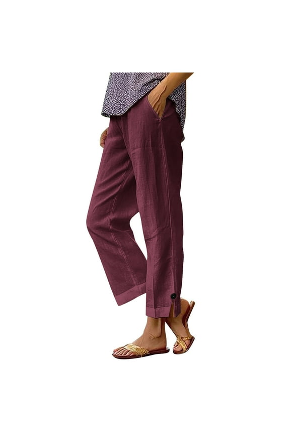 Women's Relaxed Fit Split-Hem Trousers with Button Accents, Plus Size Flowy Linen-Look Pants, Comfortable Breathable Lounge Wear S-2XL