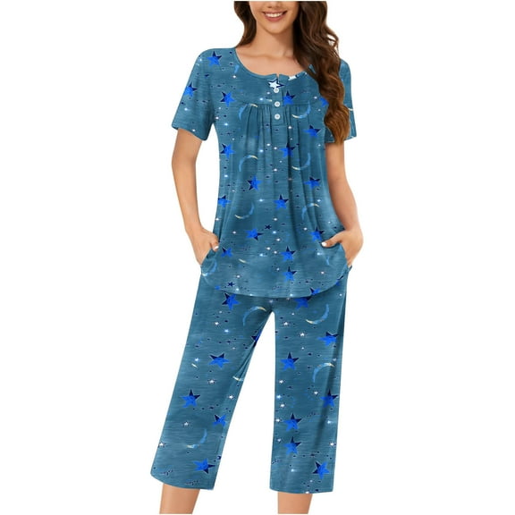 SwiftWear Women's Relaxed Fit Star Printed Pajamas Set Button-Up Top, Stretchy Capri Pants with Pockets 2 Piece Summer Cozy Loungewear