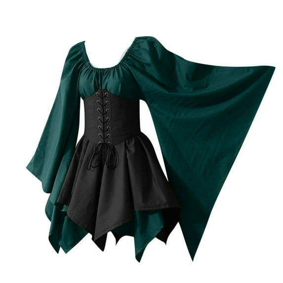 SwiftWear Women's Renaissance Medieval Halloween Costume Dress with Lace-Up Corset, Flowing Bell Sleeves Vintage Gothic Cosplay Dresses for Festival Parties​