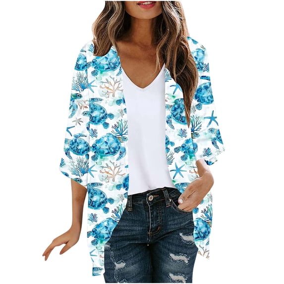 SwiftWear Women’s Retro Floral Print 3/4 sleeve Cardigan Open-Front Lightweight Casual Tops Summer kimono Cardigan Office Layering Wear