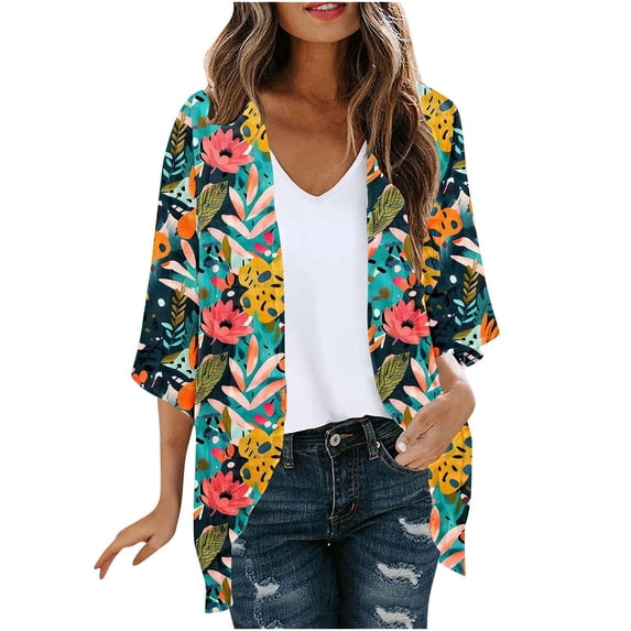 SwiftWear Women’s Retro Floral Print 3/4 sleeve Cardigan Open-Front Lightweight Casual Tops Summer kimono Cardigan Office Layering Wear