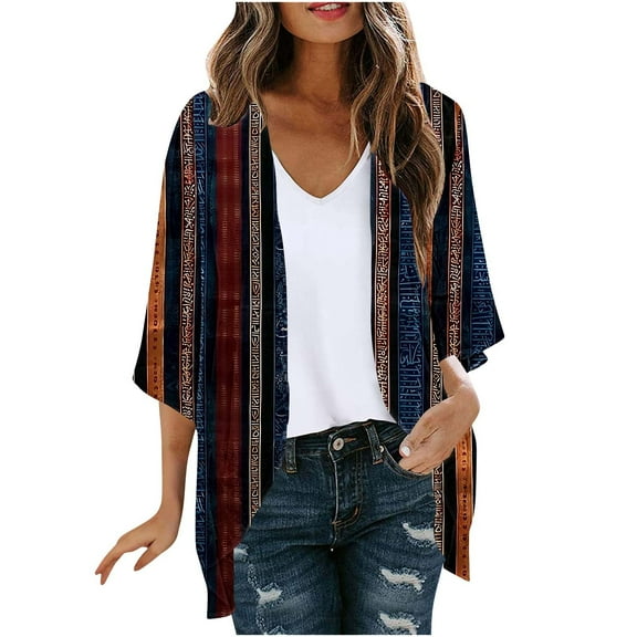 SwiftWear Women’s Retro Floral Print 3/4 sleeve Cardigan Open-Front Lightweight Casual Tops Summer kimono Cardigan Office Layering Wear