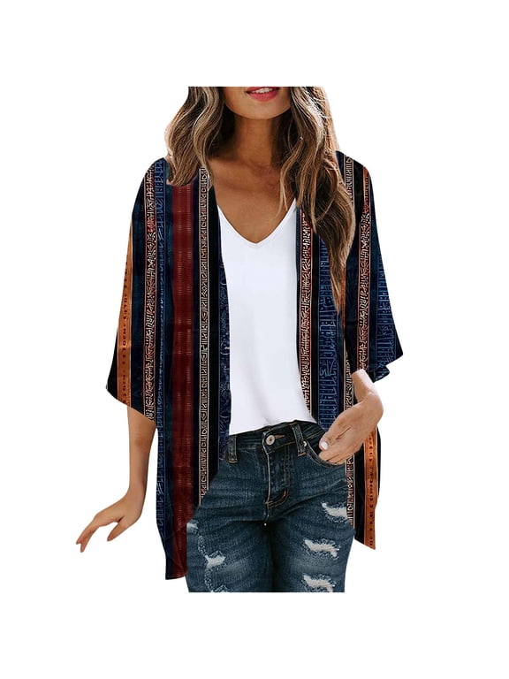 Women’s Retro Floral Print 3/4 sleeve Cardigan Open-Front Lightweight Casual Tops Summer kimono Cardigan Office Layering Wear
