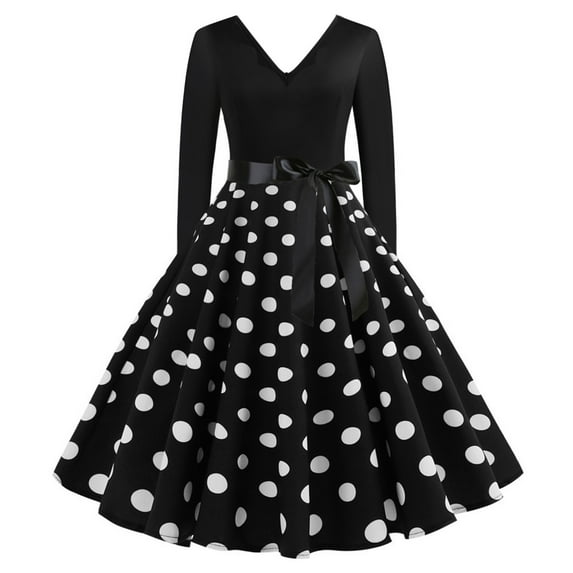 SwiftWear Women's Retro Polka Dots V-Neck Long Sleeve Dress with Bow Tie & Pleated Skirt - Casual Elastic Waist Midi Dresses