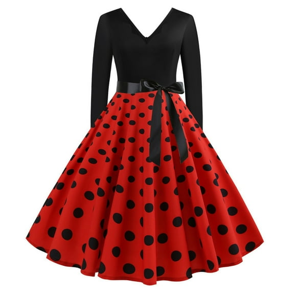 SwiftWear Women's Retro Polka Dots V-Neck Long Sleeve Dress with Bow Tie & Pleated Skirt - Casual Elastic Waist Midi Dresses
