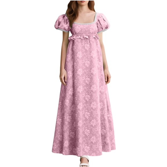 SwiftWear Women's Retro Regency Dress - Floral Print Maxi Dress with Puff Sleeves (XS-3XL) Vintage Ruffled Waist, Cosplay Costume Dresses​