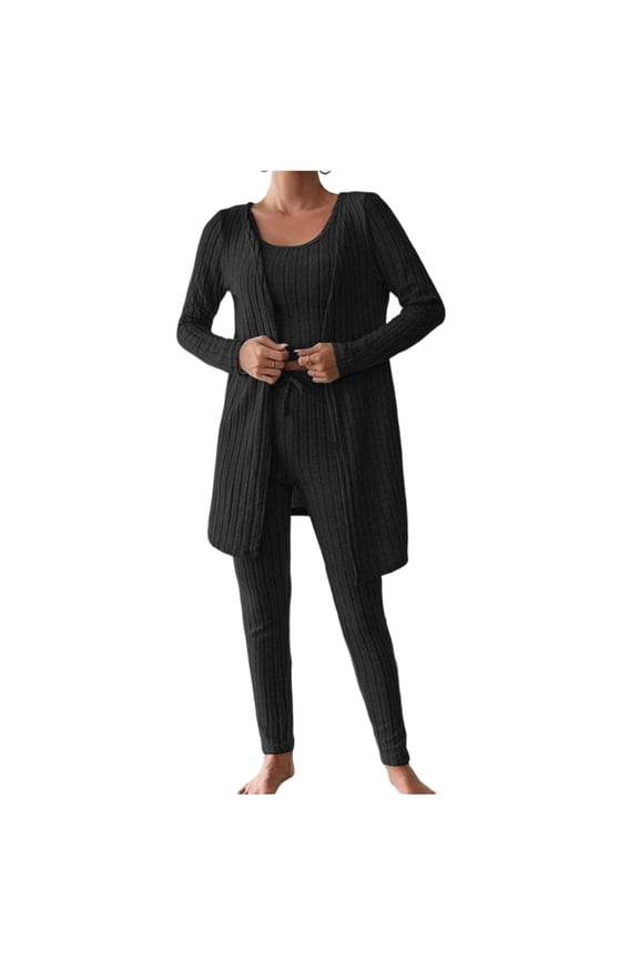 Women's Ribbed Knit 3-Piece Lounge Set Cozy Pajamas Sleepwear & Loungewear, Soft Cardigan Top and Pants Set Comfortable Home Wear