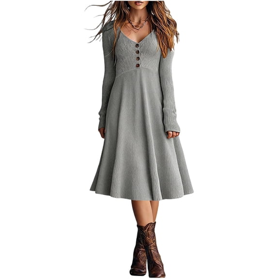 SwiftWear Women's Ribbed Knit V-Neck Midi Dress Buttons Down Elegant A-Line Relaxed Fit Casual Dresses for Work Date Night, Gray