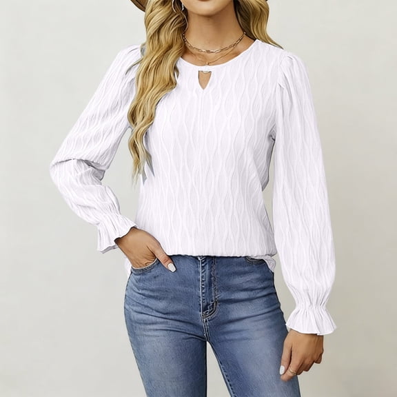 SwiftWear Women's Ruffle Puff Sleeve Blouse Elegant Cute Crewneck Long Sleeve Top Casual Keyhole Detail Shirt Pullover White