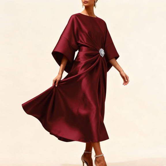 SwiftWear Women's Satin Batwing Sleeve Dress Detachable Crystal Buckle Belt, Elegant Loose Fit Dresses for Work & Party​, Red