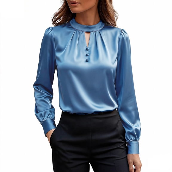 SwiftWear Women's Satin Blouse Elegant Pleated Puff Sleeve Top Business Casual Button Down Shirt Versatile Office Wear​​ Blue