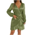 thumbnail image 1 of SwiftWear Women's Satin Silky V-Neck Long Sleeve Wrap Dress with Ruffled Hem & Tie Waist - Casual Dresses S-2XL | Comfortable Party Wear, 1 of 7
