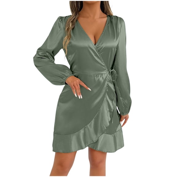 SwiftWear Women's Satin Silky V-Neck Long Sleeve Wrap Dress with Ruffled Hem & Tie Waist - Casual Dresses S-2XL | Comfortable Party Wear