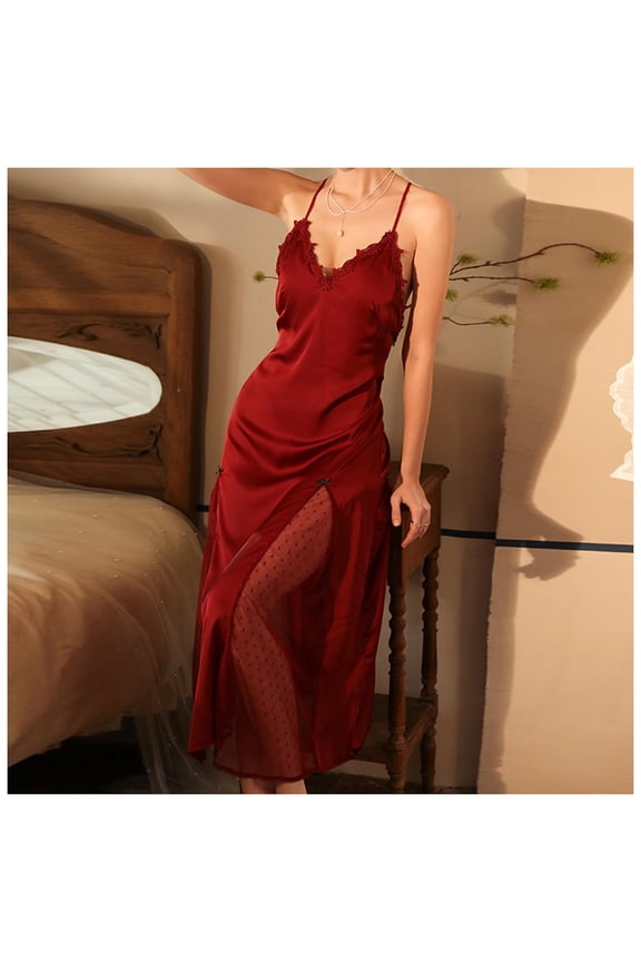 Women's Satin Slip Nightgown Lace Trim Backless Night Dress for Valentine's Day Gift, Deep V-Neck Slim Straps Elegant Sleepwear with Sheer Mesh High Slit, Wine
