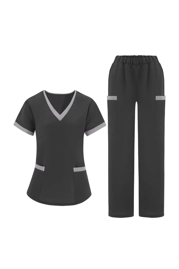 Women's Scrub Set with Side Pockets - Contrast Trim V-Neck Top & Loose Straight Leg Cargo Pants Nursing Uniform