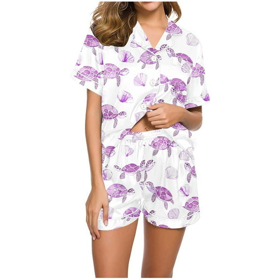 SwiftWear Women's Sea-Turtle Print Satin-Like Silk Pajamaas Set - Summer Short Sleeve Notched Collar Top & Shorts | Cute Ocean Motif Cozy Sleepwear