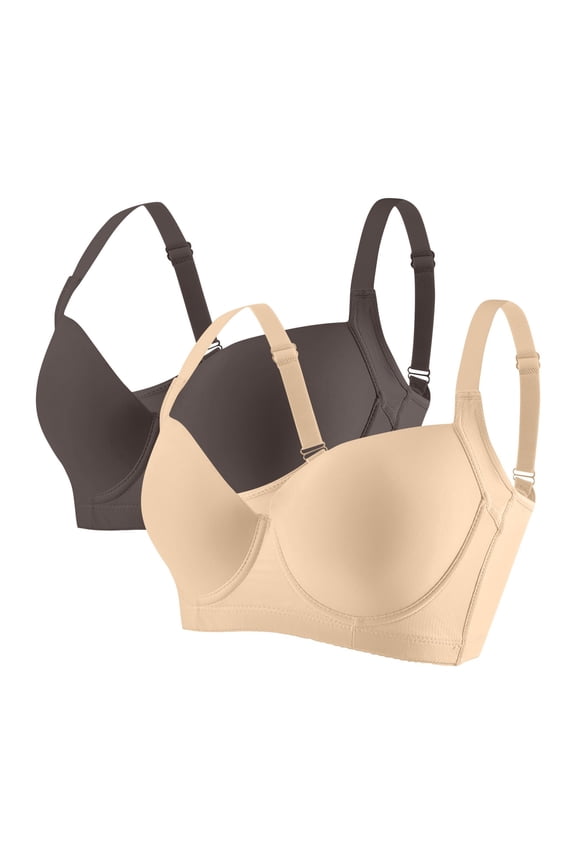 Women's Seamless Push Up Bra Plus Size C Cup 5-Row Hook Adjustable Back, Full Coverage Underwire Balconette T-Shirt Bra for Back Smoothing, 2-Pack