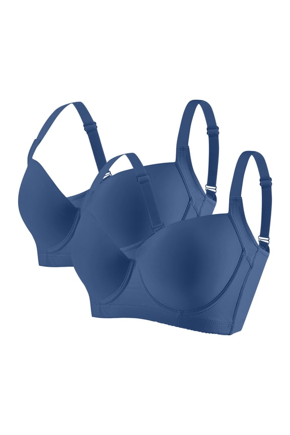 Women's Seamless Push Up Bra Plus Size C Cup 5-Row Hook Adjustable Back, Full Coverage Underwire Balconette T-Shirt Bra for Back Smoothing, 2-Pack