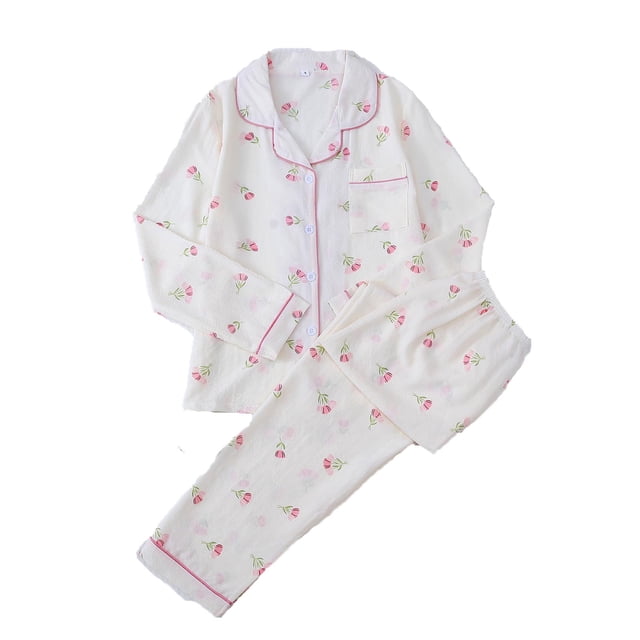 SwiftWear Women’s Seersucker Floral Pajama Set Collar Long Sleeve Botton Down Sleepwear Cozy Pjs Loose Fit Loungewear, Pink