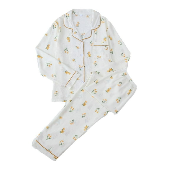 SwiftWear Women’s Seersucker Floral Pajama Set Collar Long Sleeve Botton Down Sleepwear Cozy Pjs Loose Fit Loungewear, Yellow