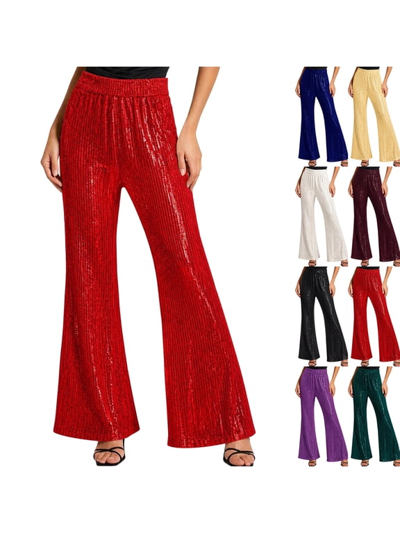 Women's Sequin Flare Pants Drawstring Elastic Waist Casual Loose Trousers High Waisted Pull On Party Club Night Out Dance Sparkly Pants