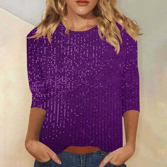 SwiftWear Women's Sequin Glitter 3/4 Sleeve Tops Crewneck Party Blouse Festive Holiday Night Out Casual Shirt ​ Purple