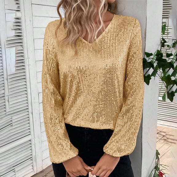 SwiftWear Women's Sequin Lantern Sleeve Blouse Sparkly V-Neck Party Top Elegant Evening Wear for Ladies Date Night Outfit​ Gold