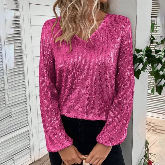 SwiftWear Women's Sequin Lantern Sleeve Blouse Sparkly V-Neck Party Top Elegant Evening Wear for Ladies Date Night Outfit​ Hot Pink