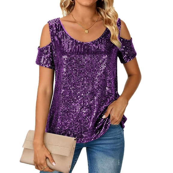 SwiftWear Women's Sequin Short Sleeve Cold Shoulder Loose Fit Crew Neck Blouse Sparkly Party Wear & Casual Day Out Tops for Women Purple