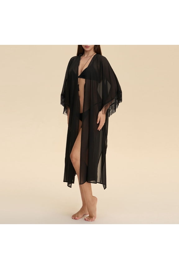 Women's Sheer Mesh Chiffon Kimono Robe Long Sleeve Fringe Trim Bathrobe, Elegant Open Front Cover Up Loungewear Valentine's Day Gifts for Her (Single Robe Only), Black