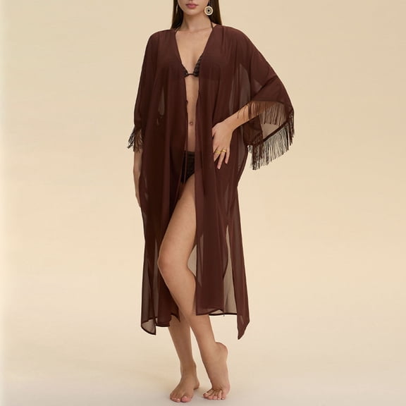SwiftWear Women's Sheer Mesh Chiffon Kimono Robe Long Sleeve Fringe Trim Bathrobe, Elegant Open Front Cover Up Loungewear Valentine's Day Gifts for Her (Single Robe Only), Coffee