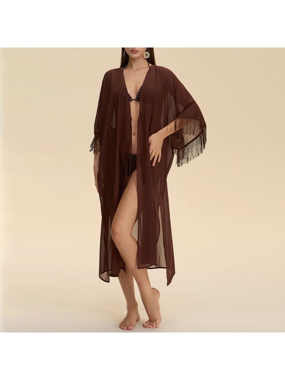 Women's Sheer Mesh Chiffon Kimono Robe Long Sleeve Fringe Trim Bathrobe, Elegant Open Front Cover Up Loungewear Valentine's Day Gifts for Her (Single Robe Only), Coffee