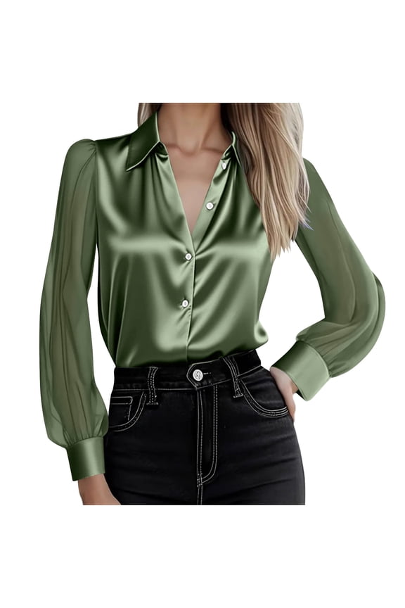 Women's Sheer Mesh Sleeve Blouse Office Casual Button Down Shirt See Through Long Sleeve Tops​ Green