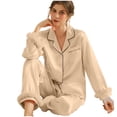 thumbnail image 1 of SwiftWear Women's Silk Pajama Set with Plush Cuffs - Cozy Sleepwear & Loungewear Long Sleeve Top and Pants, Soft Casual Style Pjs Beige, 1 of 8