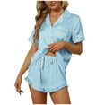 thumbnail image 1 of SwiftWear Women's Silk Satin Pajama Set 2-Piece - Pink/Black/Blue Notch Neck Sleepwear with Ruffled Shorts, Button-Up Shirt & Drawstring Waist, Luxury Loungewear Gifts Set, 1 of 8