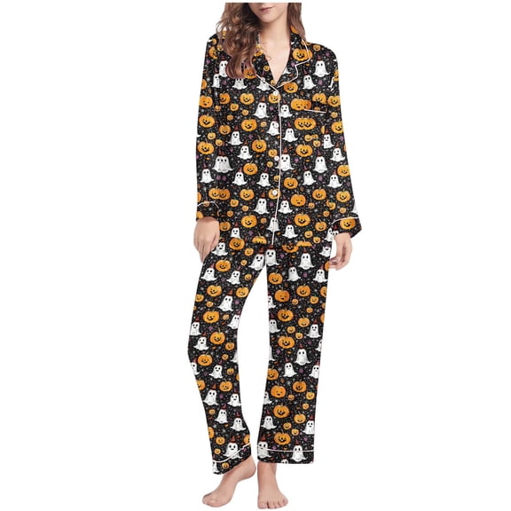 SwiftWear Women's Skull Print Punk Style Long Pajama Set Halloween Fall Sleepwear & Loungewear Cozy Button-Down Top with Pocket Relaxed Fit Lounge Pants