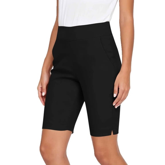 SwiftWear Women's Slim-Fit Side Slit Shorts Tailored Casual Long Shorts with Pockets Office & Weekend Pull-On Shorts​