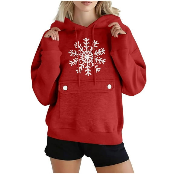 SwiftWear Women's Snowflake Print Oversized Hoodie Winter Christmas Themed Casual Pullover Hooded Sweatshirt with Front Pocket, Soft Lounge Wear for Holiday Season Red