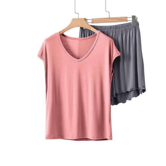 SwiftWear Women's Soft Modal Cotten Blend Pajama Set V-Neck Sleepwear Loose Fit Shorts Lounge Set Comfy Solid Color Pajamas​, Pink