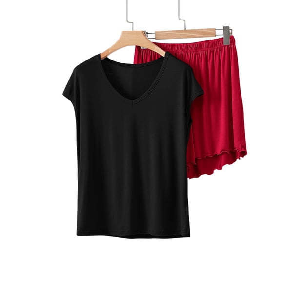 SwiftWear Women's Soft Modal Cotten Blend Pajama Set V-Neck Sleepwear Loose Fit Shorts Lounge Set Comfy Solid Color Pajamas​, Purple