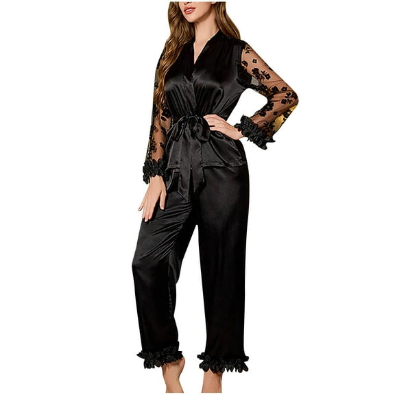 SwiftWear Women's Solid Black/White Embroidered Pajama Set - Sheer Floral Sleeves with Lace Cuffs & Satin Pants, Elegant Sleepwear