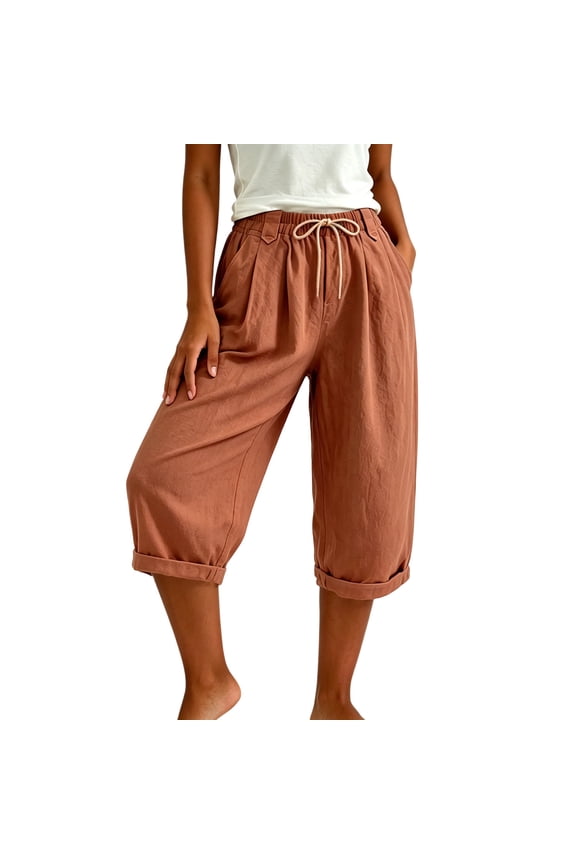 Women's Solid Casual Capri Pants with Pockets & Drawstring Waist Loose Fit Cuffed Cropped Trousers for Summer Daily