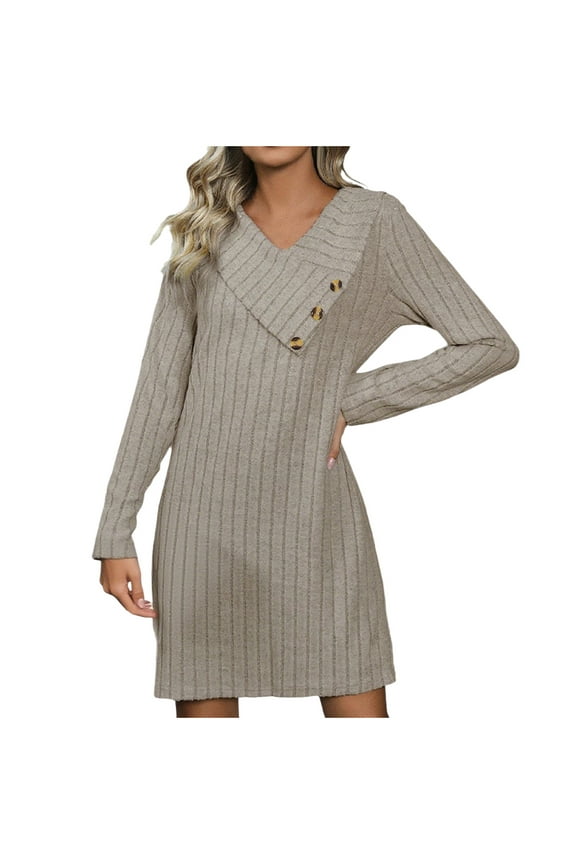 Women's Solid Color Simple Brushed Ribbed Knit V-Neck Button Dress Straight Fit Casual Elegant Dresses for Work & Weekend​