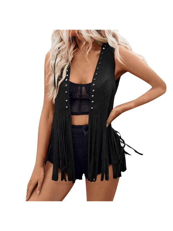 Women’s Solid Faux Suede Fringe Studded Irregular Hem Cardigan Jacket – Boho Edgy Layering Essential for Women, Soft Fabric & Loose Fit Tops for Daily & Party Styles